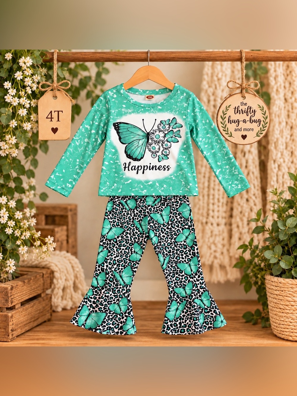 🦋 Girls Butterfly & Leopard Bell Bottom Outfit Set – Size 4T 💚